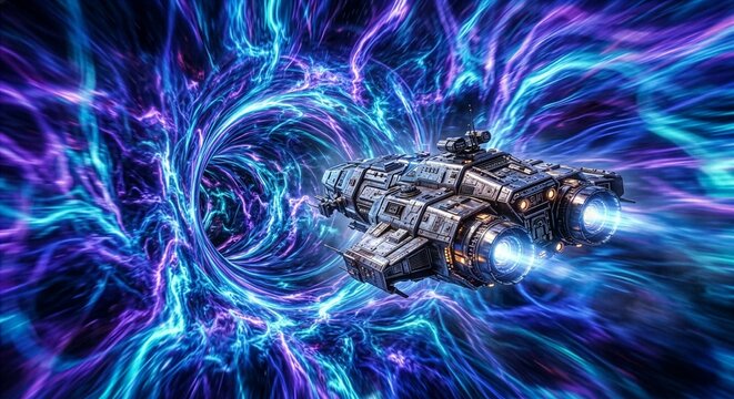 Futuristic Spaceship Approaching an Energy Wormhole for Interstellar Space Travel