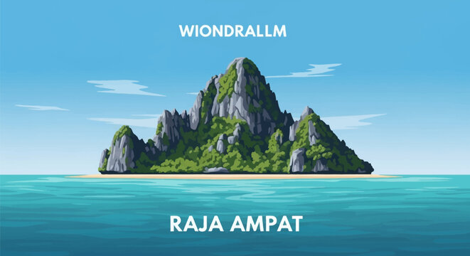 Vector illustration of a tropical limestone karst island in Raja Ampat, Indonesia, featuring lush green vegetation, jagged rock cliffs, calm turquoise ocean water, and clear blue sky.