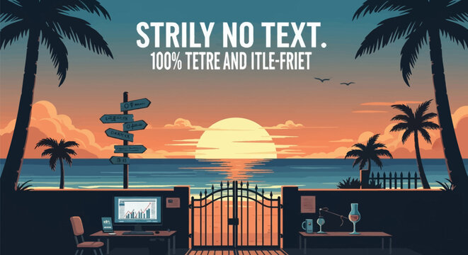Vector illustration of a tropical beach sunset featuring palm trees, an outdoor computer workspace with data charts, a metal gate, and a signpost overlooking the ocean horizon.