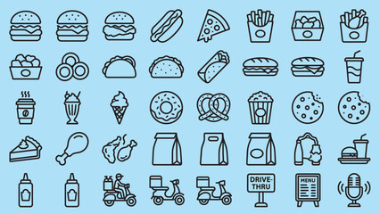 Naklejka premium Set of fast food icons, thin line style, vector illustration
