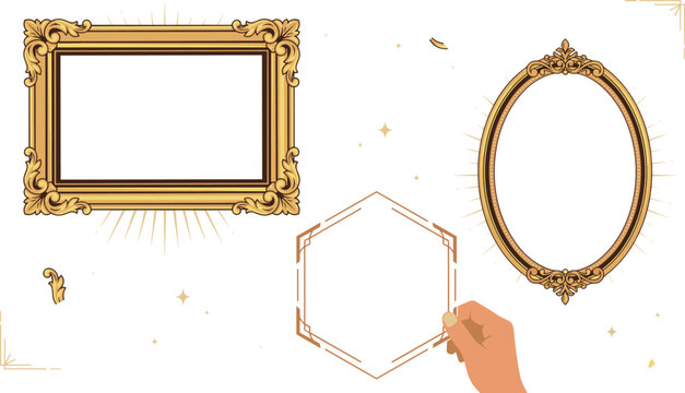 Vintage Gold Picture Frame Vector Set with Luxury Antique Baroque Borders Oval Mirror Hexagonal Frame and Hand Holding Decorative Elements for Invitation Concepts