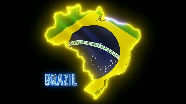 A glowing map outline, filled with a vibrant green, yellow, and blue flag design, stands out against a dark background. Stars and text adorn the central circle.