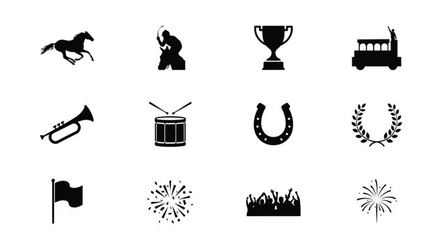 Black and white silhouette icons bundle with monochromatic collection twelve distinct icons classic motifs against clean high contrast monochromatic