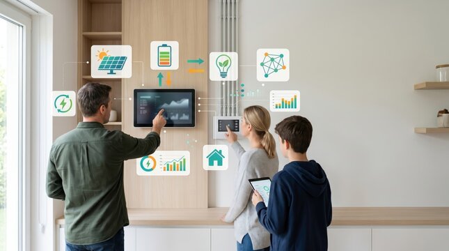 Family using smart home technology to monitor solar energy and battery usage on digital interface, sustainable living concept