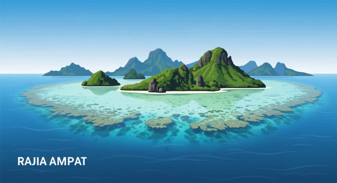 Vector illustration of Raja Ampat Indonesia karst islands with lush tropical greenery, coral reefs in clear turquoise sea, limestone formations, and blue sky horizon.