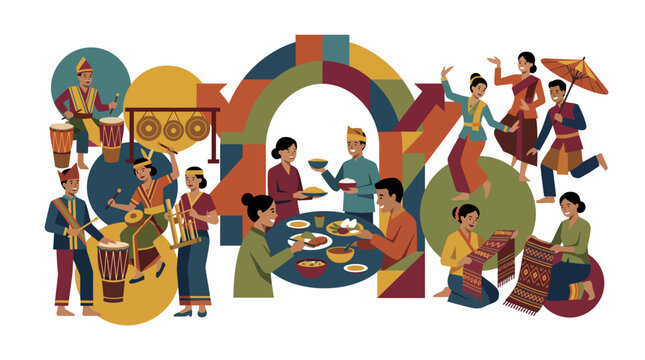 Indonesian traditional cultural illustration featuring musicians dancers weaving and dining celebrations with local food