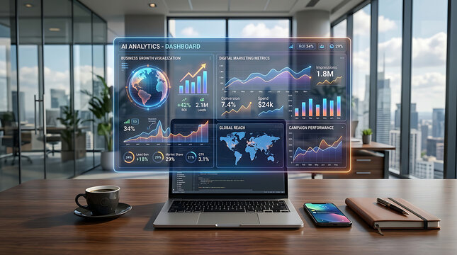 Digital analytics dashboard with holographic display over laptop and office desk during daytime