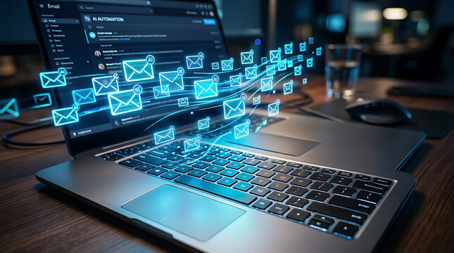 Digital communication flowing from laptop screen during nighttime with glowing envelopes concept