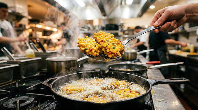 Golden Corn Fritters Being Lifted From Hot Oil in a Busy Restaurant Kitchen