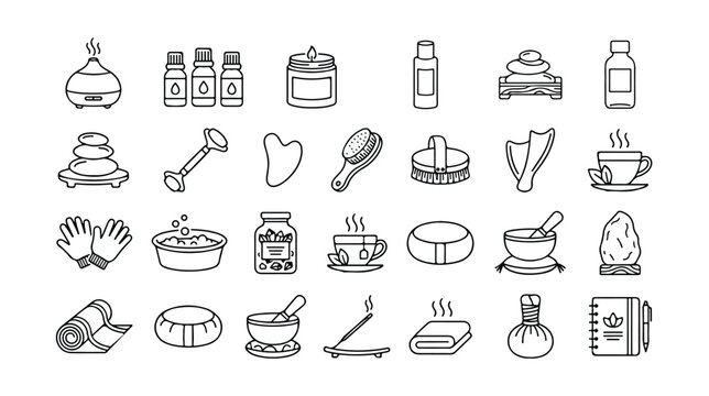 Spa and Wellness Line Art Icon Set, 30 Minimalist Vector Icons for Beauty and Relaxation, Essential Oils, Massage Tools, and Self-Care Products