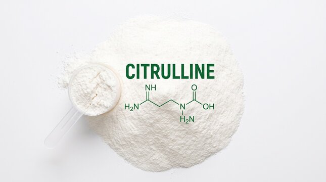Citrulline malate powder with chemical formula, white amino acid supplement for sports nutrition, bodybuilding pre-workout scoop on white background