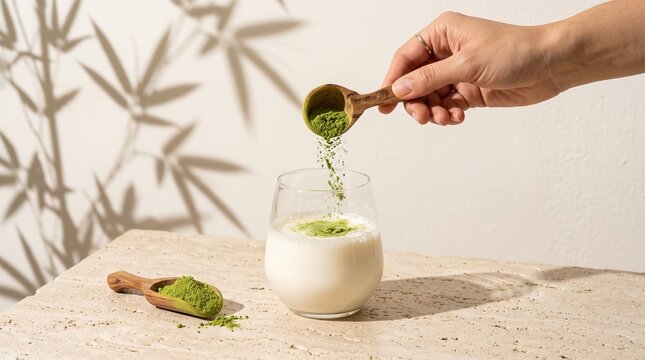 Matcha green tea powder pouring into milk latte, hand holding wooden spoon over glass, zen aesthetic with bamboo leaf shadows on stone surface