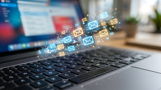 Digital emails flying from laptop keyboard with glowing light for online communication