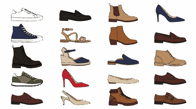 Sketchy flat textured illustration of assorted men's and women's footw