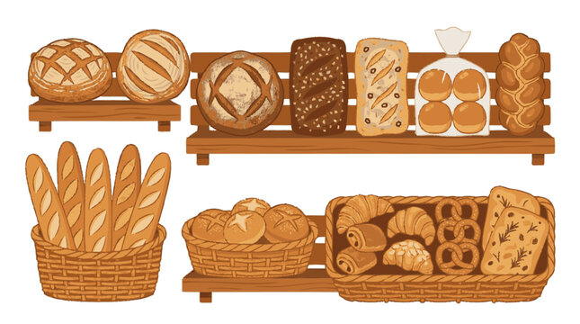 Sketchy flat textured illustration of assorted fresh bread including s