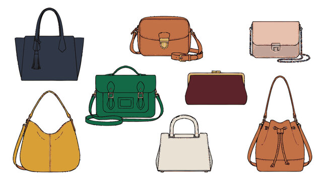 Sketchy flat textured illustration of four diverse women's handbags: a