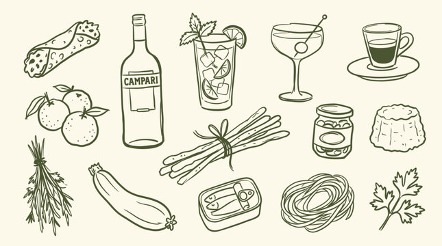 Vintage Italian food and drink illustrations set, hand drawn Mediterranean cuisine icons including pasta and wine, rustic culinary sketches for restaurant menus and kitchen branding