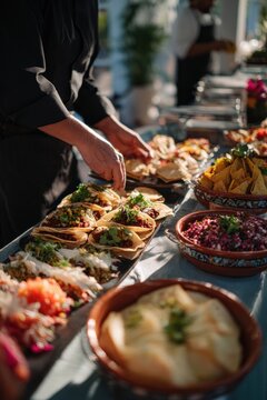 Chef arranging fresh tacos on platter during catering event. Professional cook preparing Mexican food for buffet. Gastronomy service, party catering and culinary work concept.
