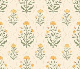 Seamless Mughal flower motif pattern with yellow botanical blooms for fabric and wallpaper design. © Design 35