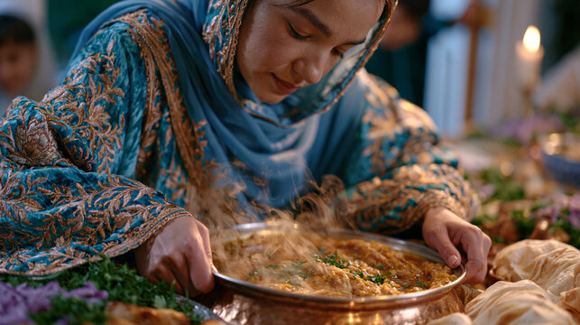 Young Muslim woman in embroidered abaya arranging final iftar dishes on family table with trembling hands just before maghrib adhan sounds as steam rises from lentil soup and younger siblings peer e