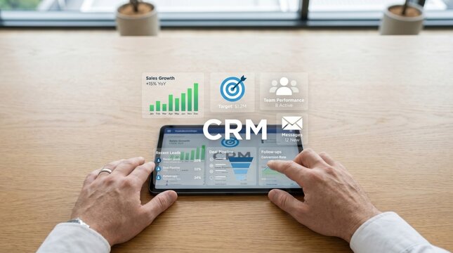 Hands using tablet displaying CRM dashboard interface with sales growth charts and team performance metrics