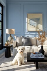 Fototapeta na wymiar Fluffy white dog sitting in a stylish modern living room with blue walls. Cozy home interior design with boucle sofa, coffee table and home decor. Comfortable pet lifestyle atmosphere.