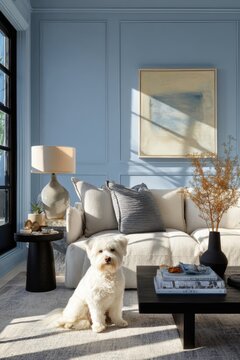 Fluffy white dog sitting in a stylish modern living room with blue walls. Cozy home interior design with boucle sofa, coffee table and home decor. Comfortable pet lifestyle atmosphere.