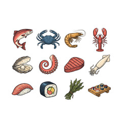 Seafood sketches with fish sushi crab and shrimp icon set ocean culinary fresh catch restaurant menu outline drawings collection bundle, vector illustration © MDLITON