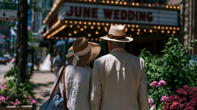Couple in lightweight linen carrying overpacked weekend bags through sweating summer heat past a church marquee reading June Wedding inside industrial urban neighborhood during peak wedding season w