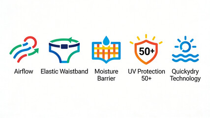 Obraz premium Arrange wind patterned waistbands with colorful sun protection icons, representing the concept of breathable elastic barrier and sun resistant quick drying close fitting clothing fabrics. 