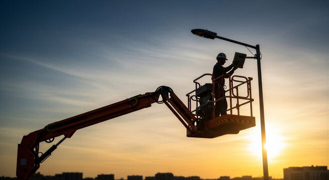 Worker on cherry picker repairing street lamp at sunset  
