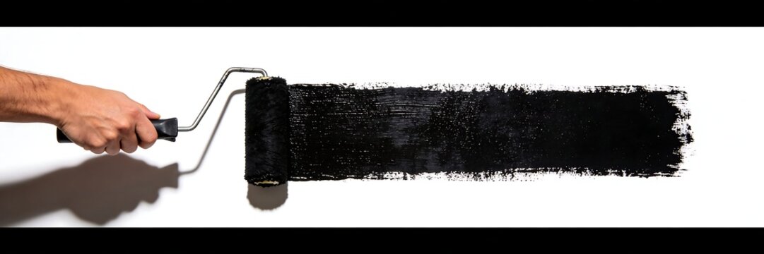 A hand holding a paint roller is painting horizontal black lines on a white background.