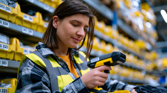 inventory control manager using a handheld barcode scanner to audit shelving units in a high-bay warehouse, organized bin locations labeled with SKU codes, lone worker in vast organized space, syste