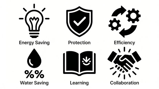 Full load light bulb shield handshake style simple icon, representing the concept of energy-saving protection cooperation, efficient learning and water-saving workplace.
