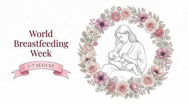 World breastfeeding week commemorative illustration featuring a nursing mother surrounded by a colorful floral wreath, breastfeeding