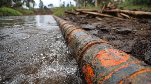 Broken water pipe leaks into muddy riverbank creating pollution in natural environment