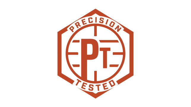 Precision Tested orange stamp emblem with hexagon border and crosshair design.