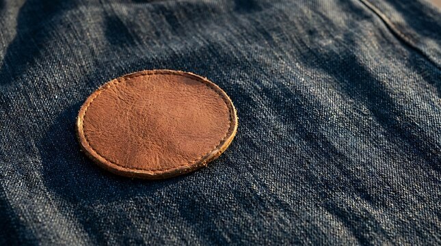 A circular leather patch stitched onto high quality blue denim fabric representing rustic fashion design elements and raw material craftsmanship texture