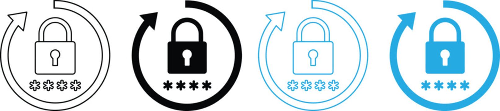 Modern Cybersecurity Renewal Graphics, Flat Padlock and Circular Arrow Safety Clip Art, Password Reset and Account Recovery Vector Icon Set, Minimalist Data Security Collection.