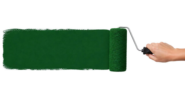 Hand using dark green paint roller brush isolated on transparent background