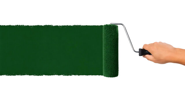Hand using dark green paint roller brush isolated on transparent background