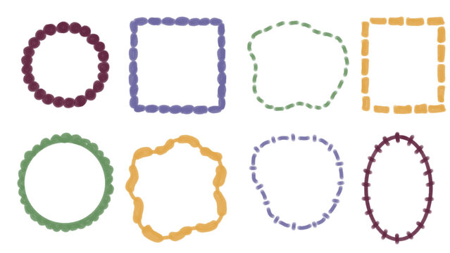 Colorful Hand Drawn Doodle Frames and Borders Vector Set featuring dashed and dotted circles, squares, and organic geometric shapes isolated on a white background.