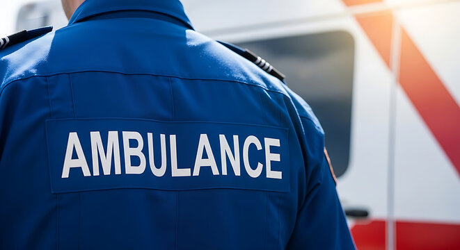 A professional ambulance paramedic in a blue uniform providing emergency medical assistance