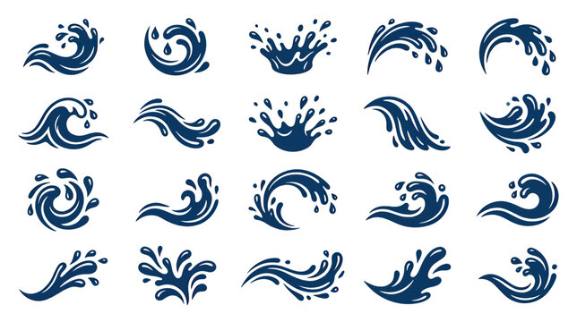 Set of 20 Blue Water Splash and Wave Icons, Isolated on White Background