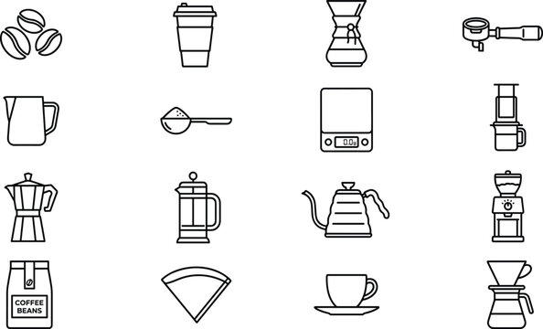 Minimalist Coffee Brewing Equipment Thin Line Vector Icon Set with Chemex, Aeropress, V60 Dripper, Moka Pot, Scale, Grinder, Kettle, and Paper Filters