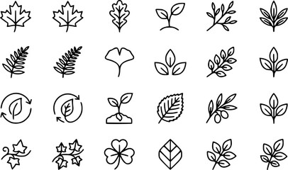 Fototapeta premium Leaf Outline Icon Set Featuring Botanical Foliage, Maple Leaf, Oak Leaf, Plant Sprout, Nature Branches and Minimal Eco Line Symbols