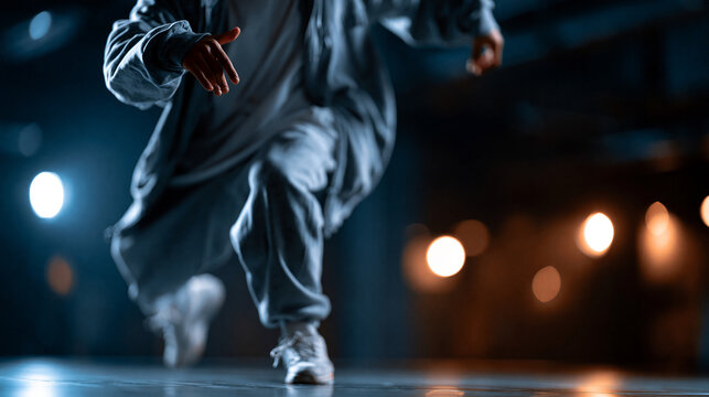 Faceless hip hop dancer mid-performance, dynamic body language and street style visible, defocused studio background, hip hop performance concept photography, with copy space