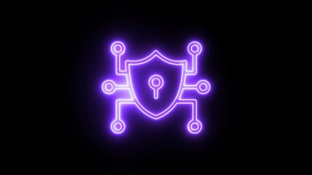 Neon shield security icon with circuit nodes glowing on black background neon shield, security icon, circuit nodes, black background, cybersecurity, protection, secure network, glowing outline, UI ove