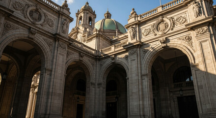 Obraz premium Majestic Grand Archway with Dome and Bell Tower of an Ornate Classical Building
