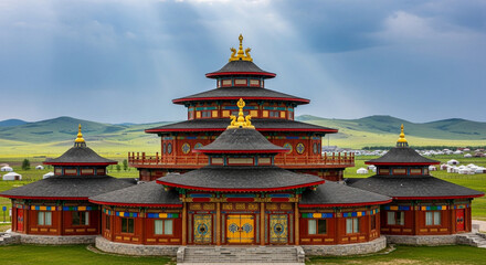 Obraz premium Majestic Tibetan Buddhist Temple in Lush Green Landscape